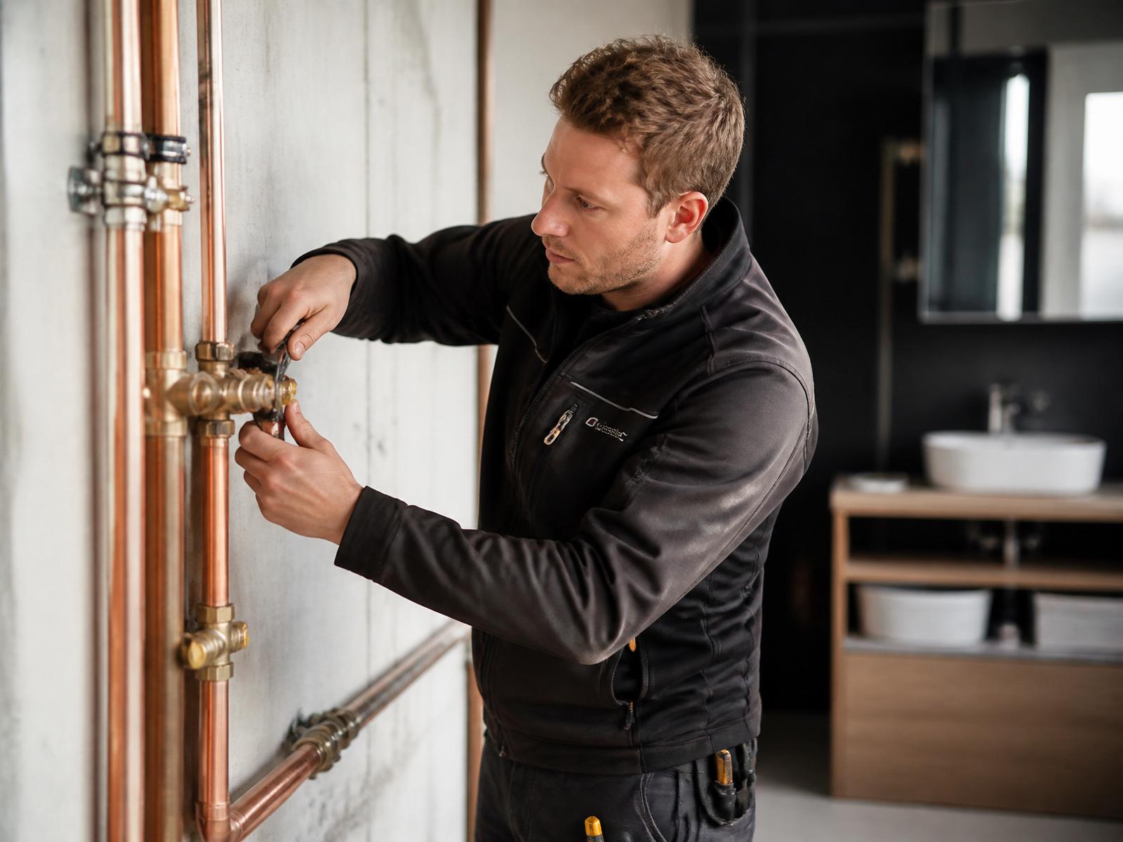 Sanitärinstallateur bei der Arbeit an einer modernen Kupferinstallation